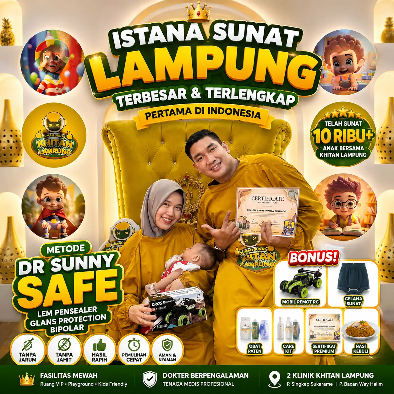 Bonus lengkap khitan: mobil remot, celana sunat, obat paten, care kit, sertifikat, dan nasi kebuli