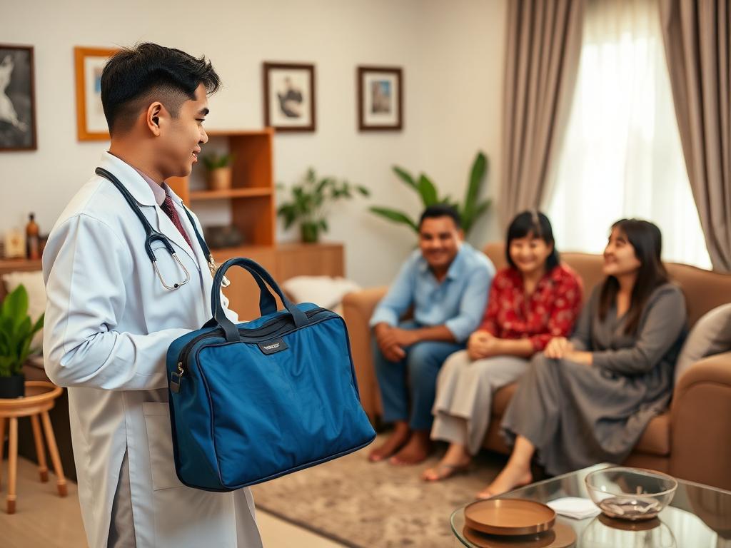Dokter melakukan kunjungan home service ke rumah keluarga