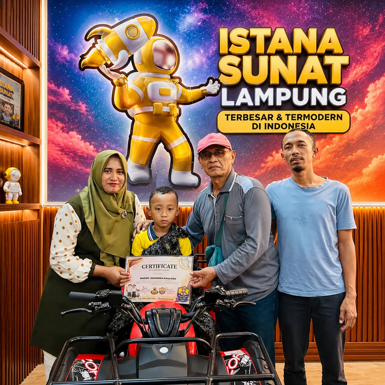 Keluarga pasien berfoto dengan sertifikat khitan di depan mural astronot